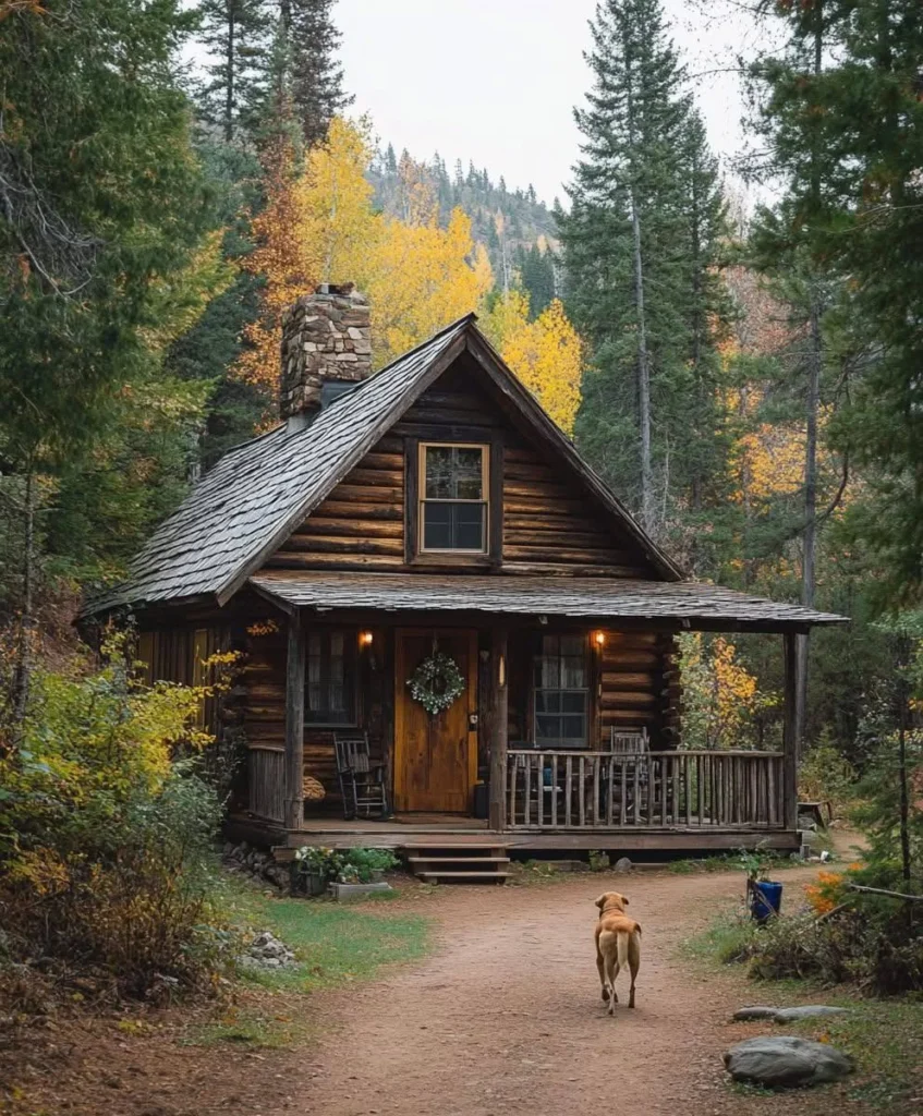 Classic log cabin with stone chimney, surrounded by tall pines, perfect for a tranquil woodland retreat.