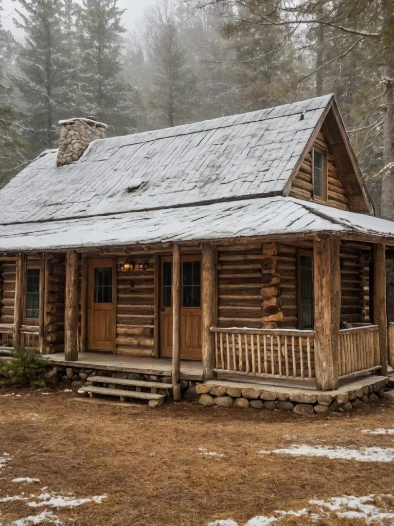 Rustic log cabin with a snow-covered roof and wraparound porch, perfect for a cozy and peaceful retreat in the woods.