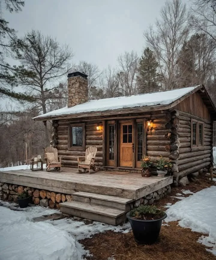 Log cabin with a large wooden deck and Adirondack chairs in a snowy setting, ideal for a peaceful winter retreat.