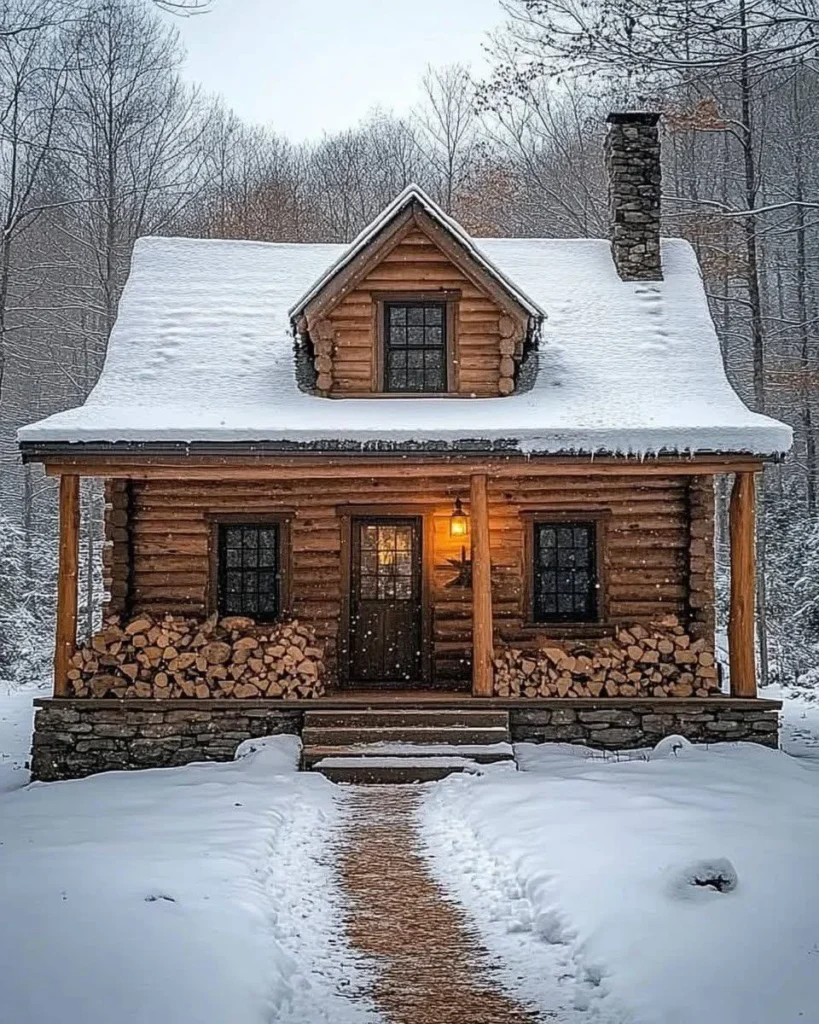 Cozy log cabin in the snow with stacked firewood, offering a warm and inviting winter retreat.