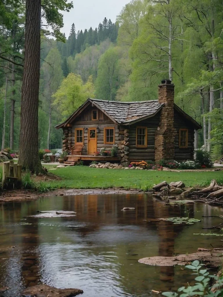 Picturesque log cabin with a stone chimney, reflected in a tranquil pond, offering a serene and peaceful retreat.