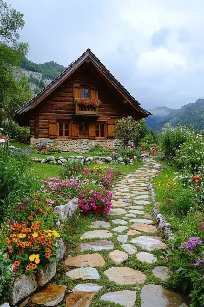 Mountain cabin with stone foundation and wood exterior, surrounded by a garden with colorful flowers, ideal for a peaceful escape.