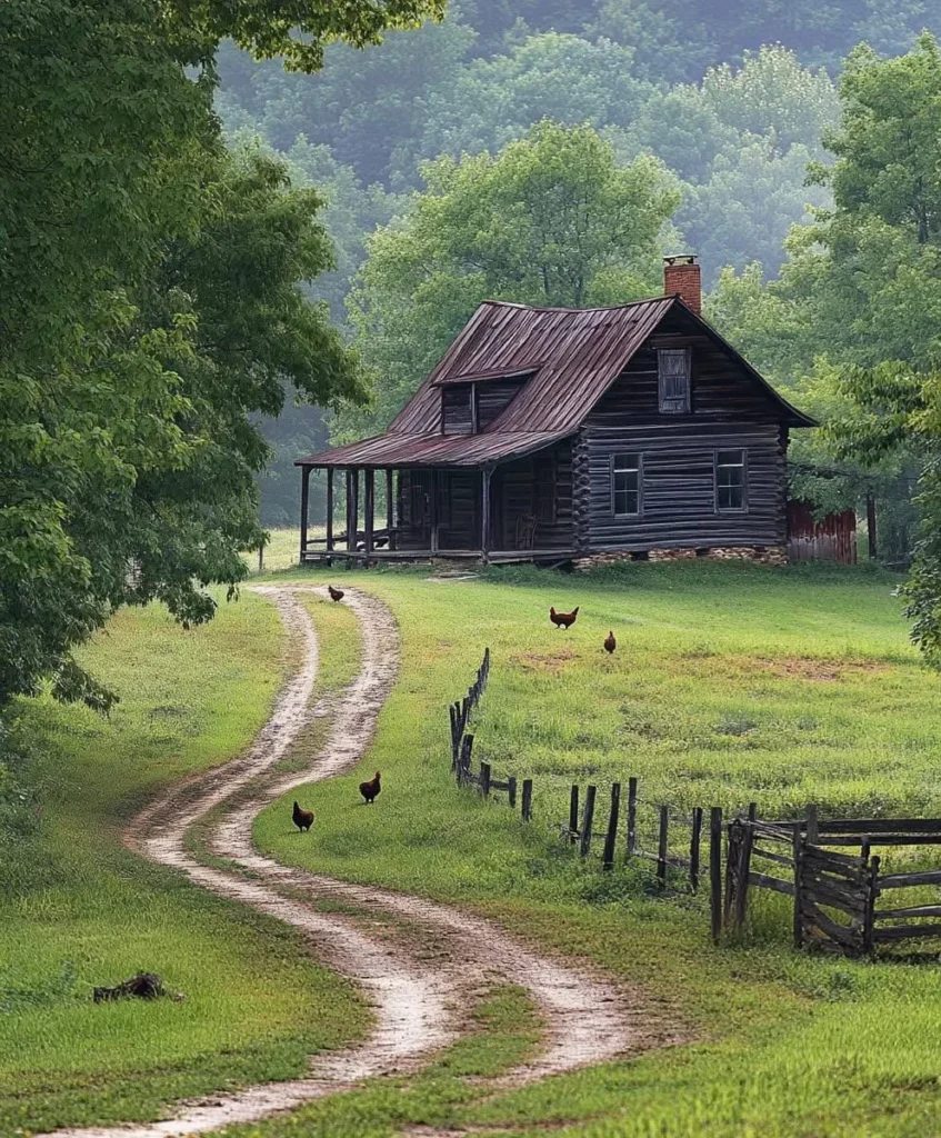 Farmhouse-style cabin with weathered wood siding, surrounded by green meadows and a winding driveway for a serene retreat.