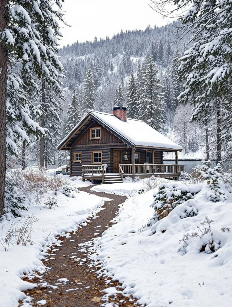 Log cabin surrounded by snow-covered pine trees, offering a cozy and peaceful winter retreat.