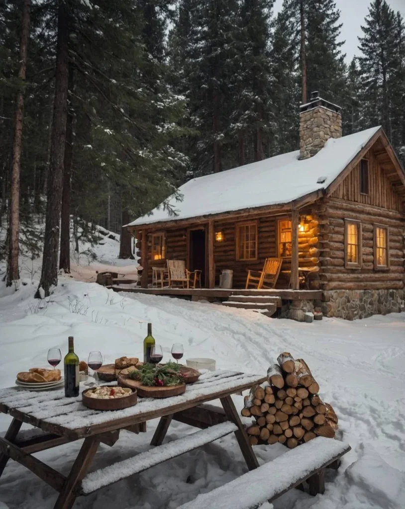 : Cozy log cabin in the snow with inviting warm lighting, perfect for a peaceful winter retreat in nature.