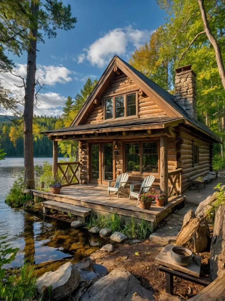 Beautiful log cabin situated right on a lake, featuring a large deck for a serene and peaceful retreat.