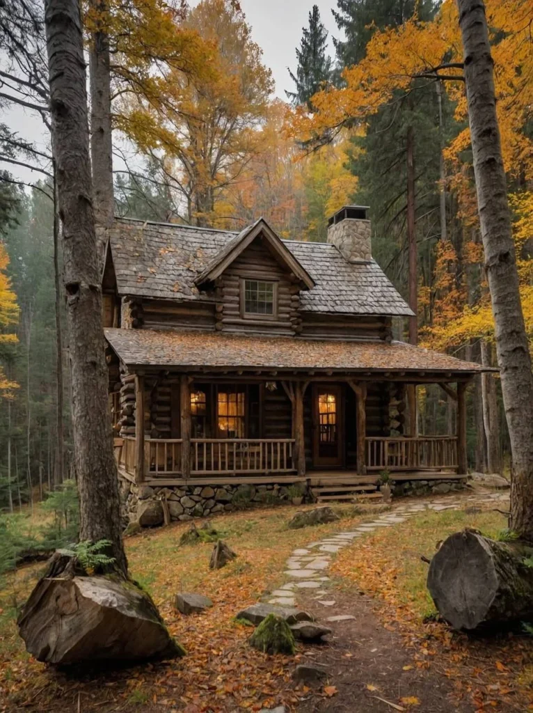 Charming log cabin surrounded by autumn leaves, offering a secluded and peaceful retreat in the woods.