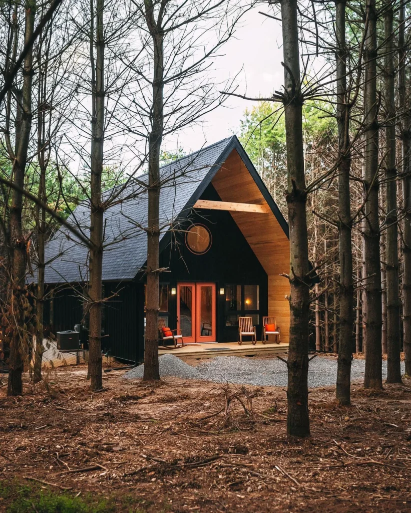 Dreamy dark-exterior cabin with exposed beams and bright orange door.