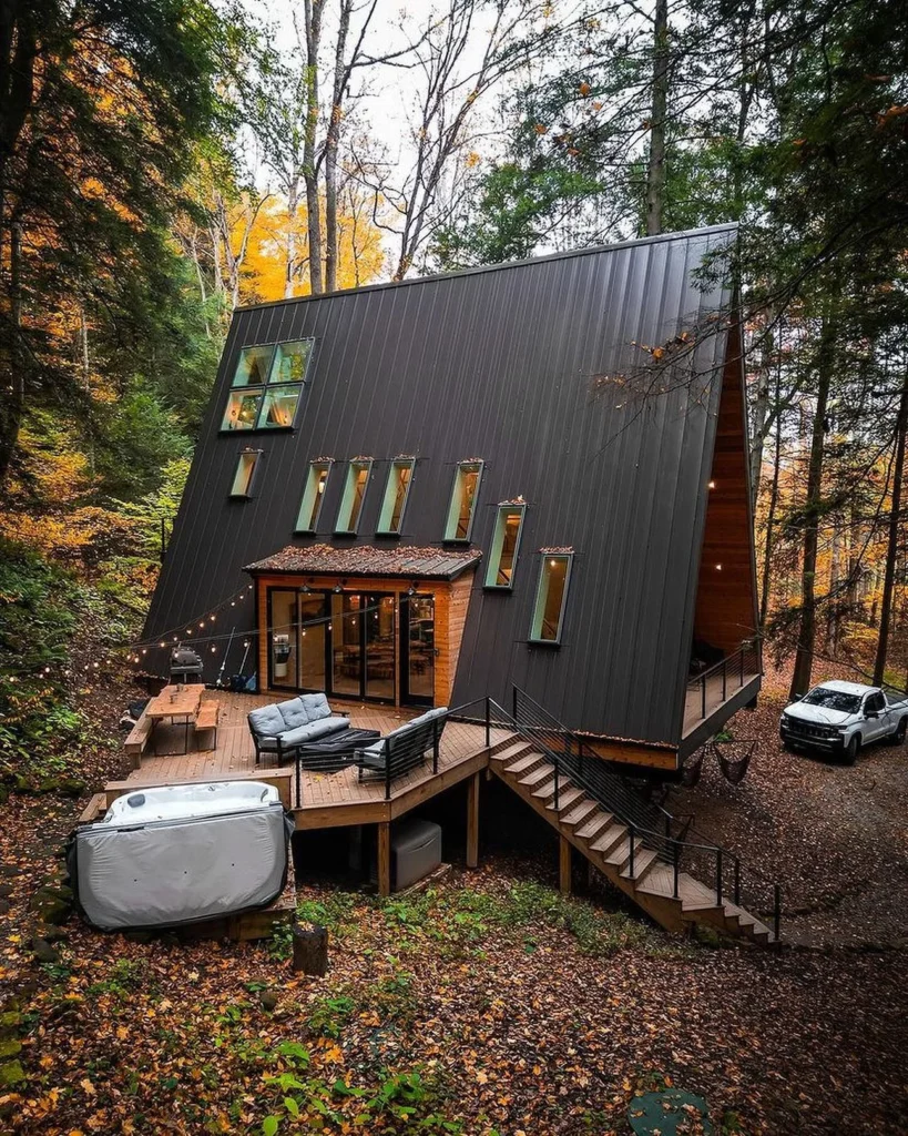 Dreamy A-frame cabin with hot tub and large deck.