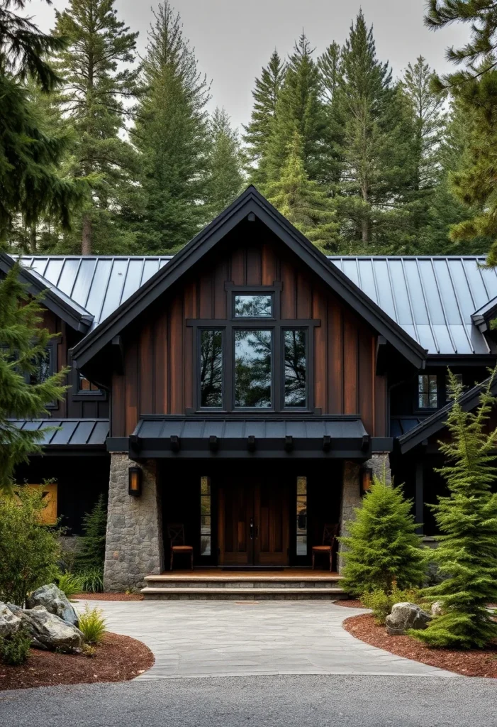 Luxury Mountain House with Black Wood Siding, Metal Roof, and Stone Accents