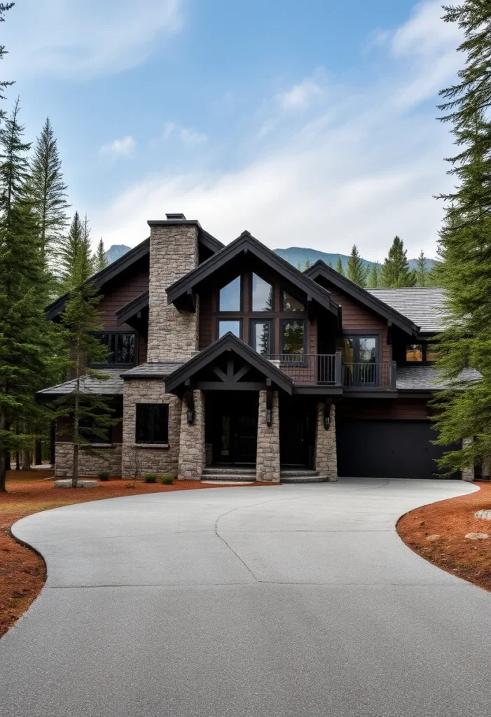 Black and Wood Luxury Mountain House with Steep Roof and Stone Chimney