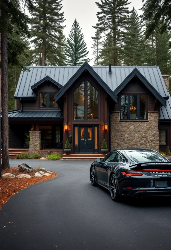 Luxury Mountain House with Large Central Gable, Wood Siding, and Stone