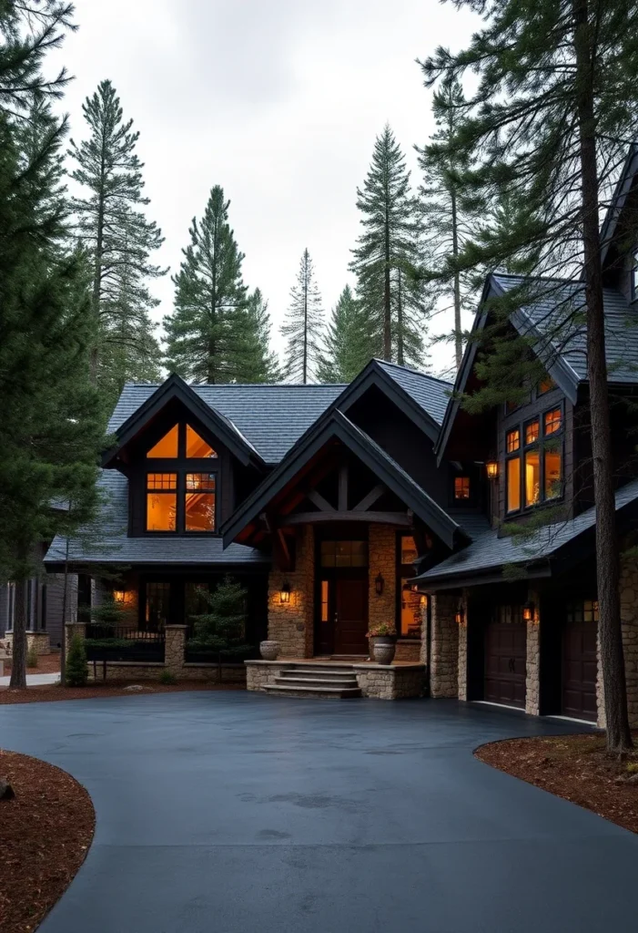 Black and Wood Mountain Home with Warm Interior Lighting at Dusk