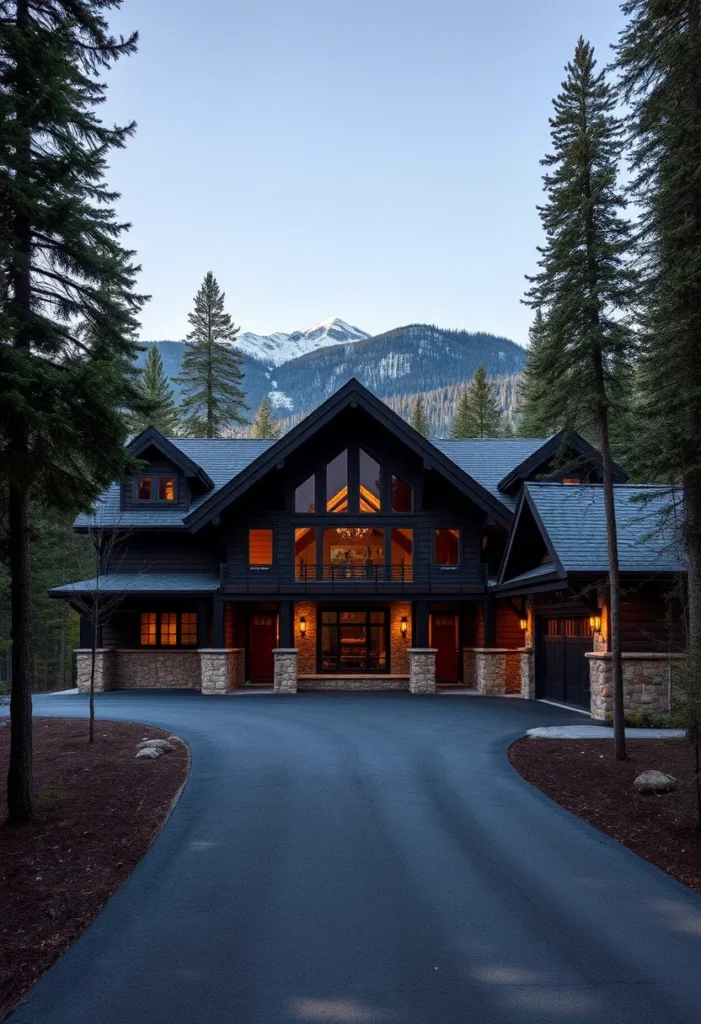 Symmetrical Black and Wood Mountain Home with Large Windows