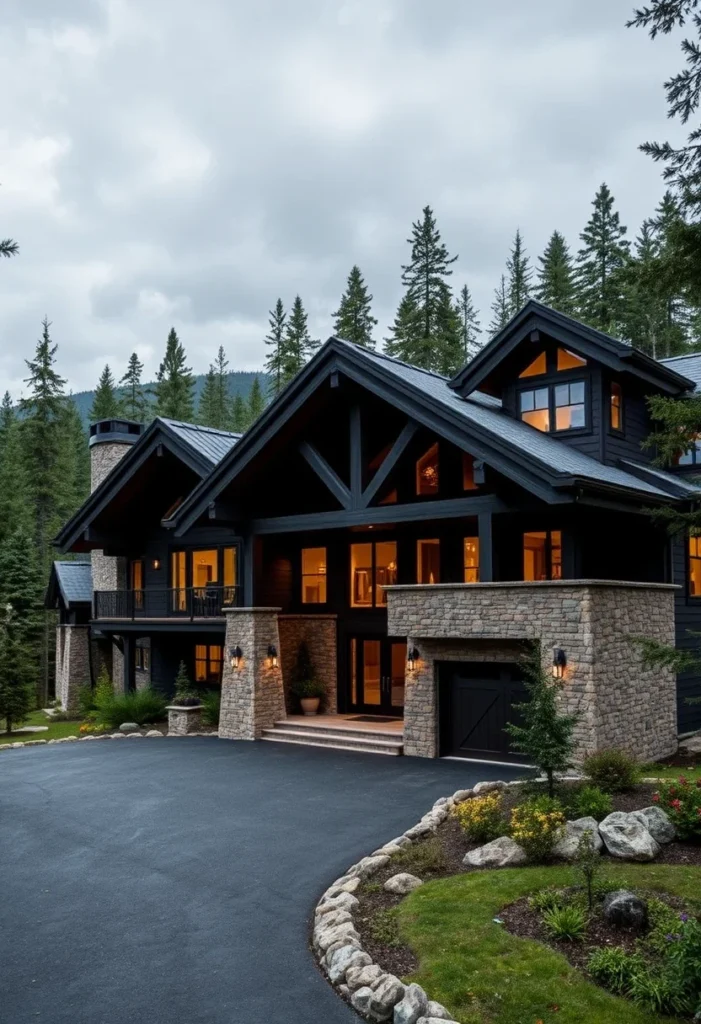 Multi-Level Luxury Mountain Home with Black Wood and Stone Exterior