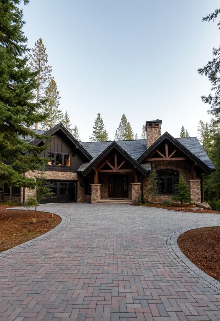 Black and Wood Mountain Home with Prominent Stone Chimney