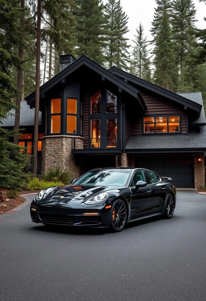 Luxury Black and Wood Mountain Home with Wraparound Stone Base