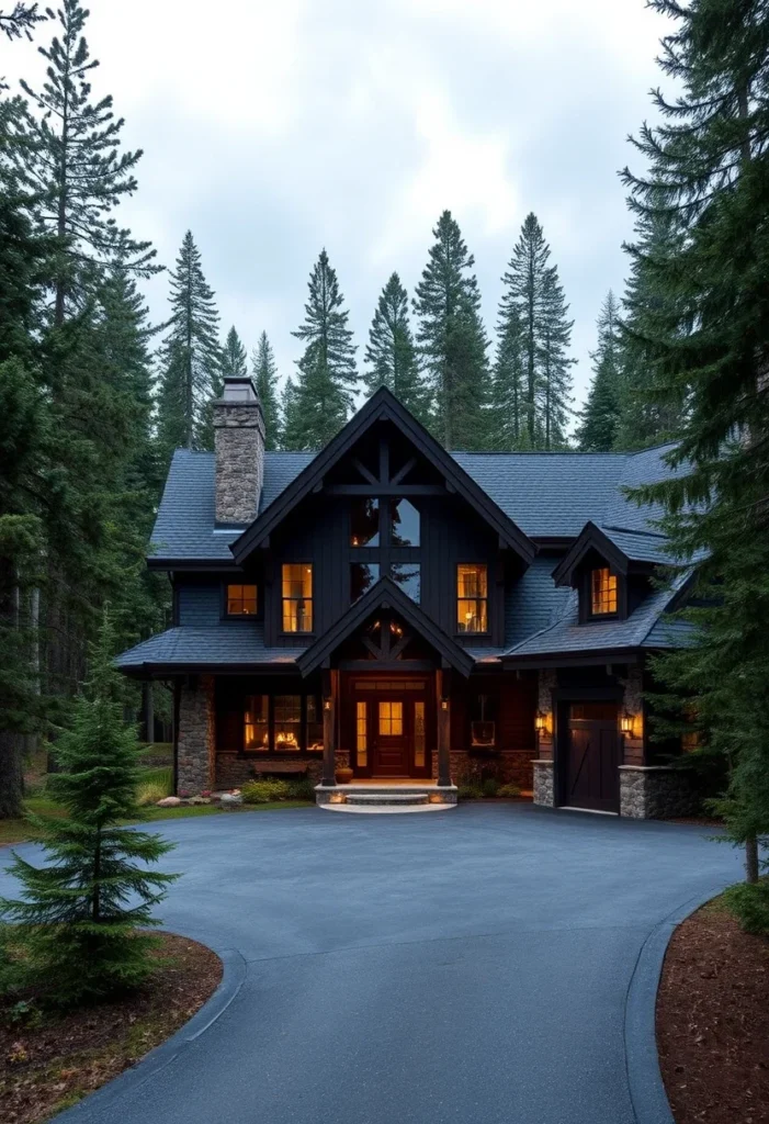 Luxury Mountain Home Featuring Dark Wood Siding and Stone Accents