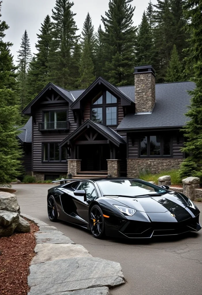 Black Log-Style Mountain Home with Stone Chimney and Large Windows