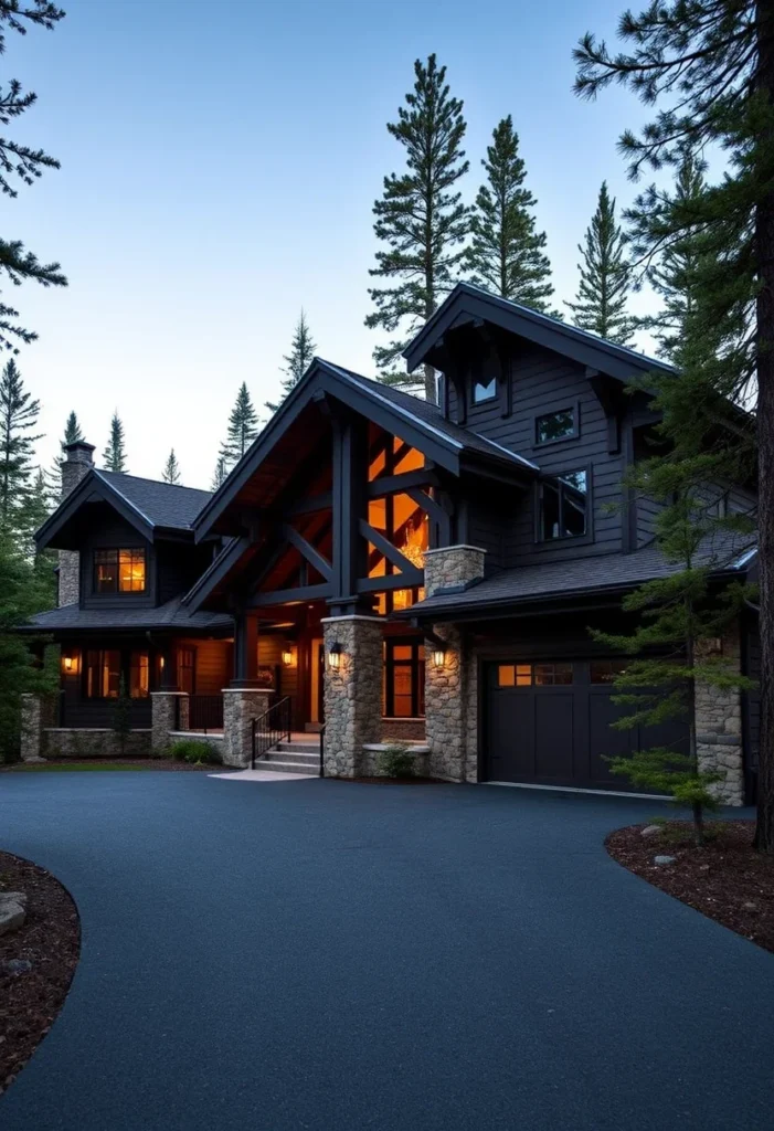 Luxury Mountain Home Featuring Dark Wood Siding and Stone Pillars