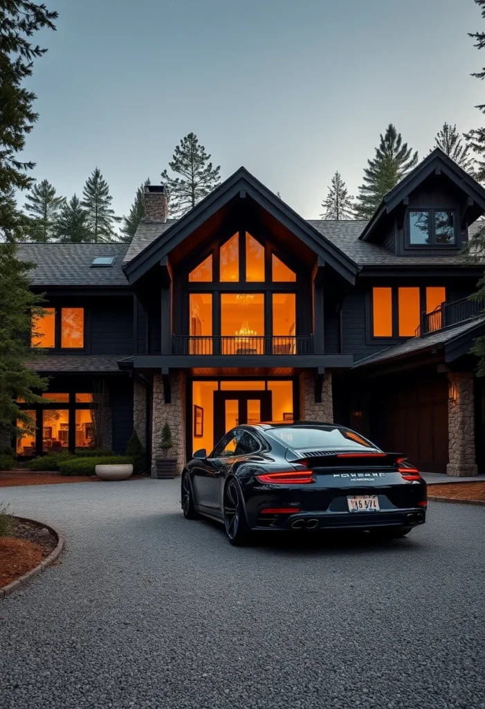 Black and Wood Luxury Mountain Home Illuminated at Dusk