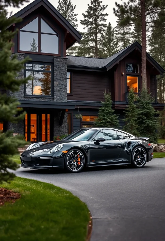 Asymmetrical Mountain Home with Black Wood Siding and Stone Detail