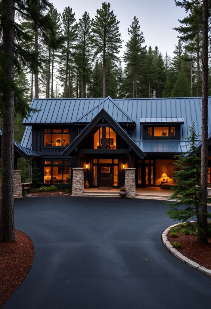 Modern Black Farmhouse with Metal Roof and Stone Entryway