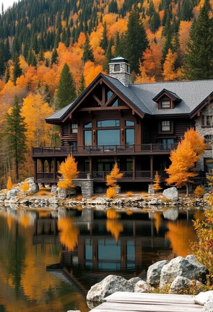 Luxury Mountain Home with Log Siding and Large Stone Chimney