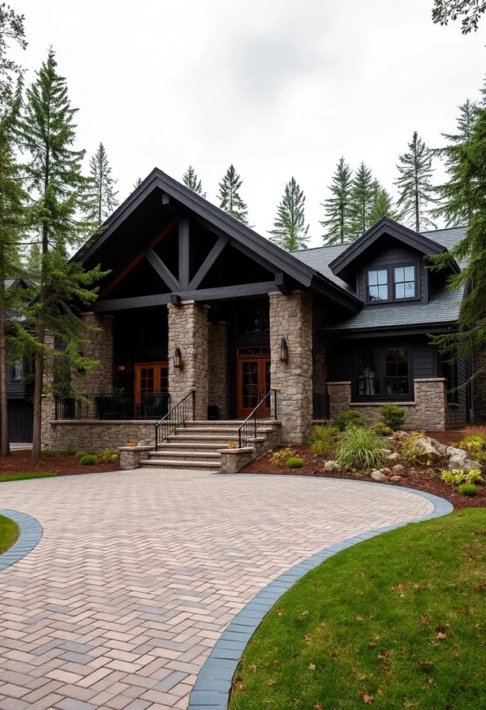 Luxury Mountain Home with Large Stone Pillars and Dark Wood Siding