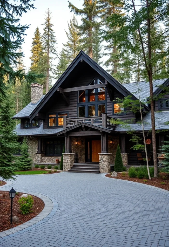 Modern Black and Wood Luxury Mountain Home with Stone Chimney