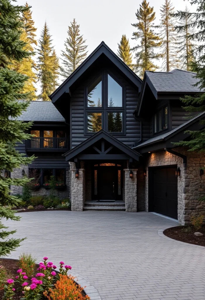 Mountain Home with Dark Log Siding and Stone Entryway