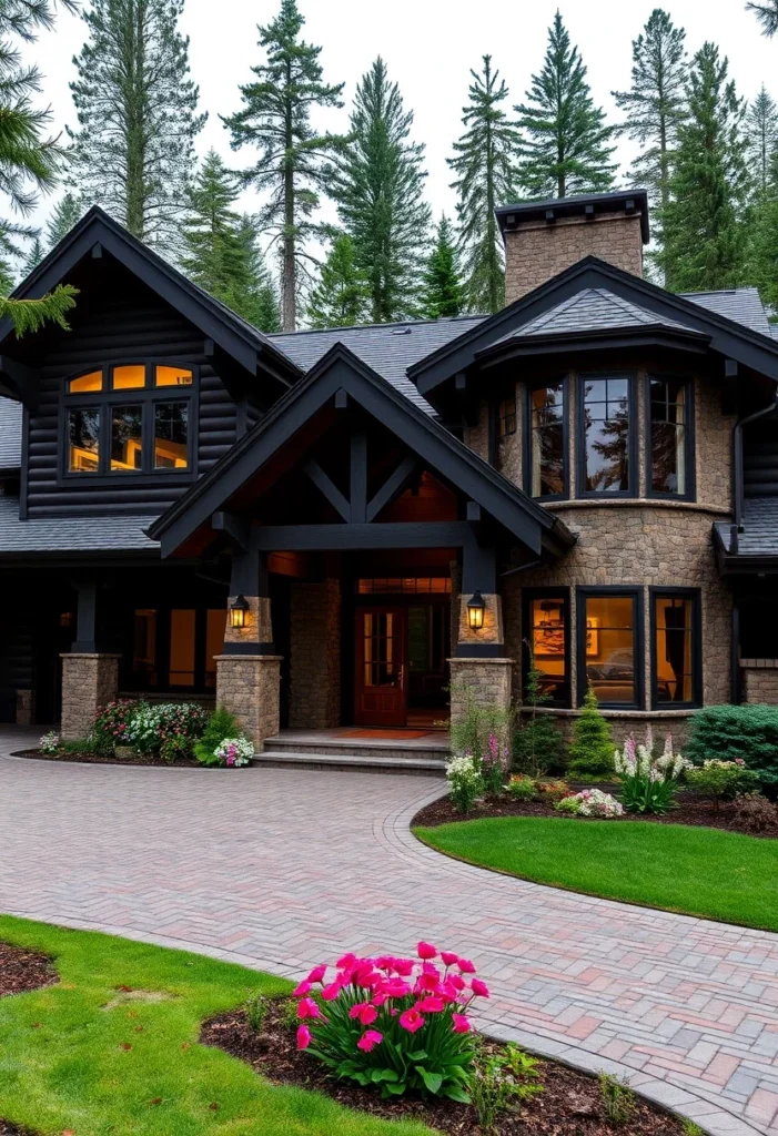 Luxury Mountain Home with Log Siding, Stone Veneer, and Rounded Tower