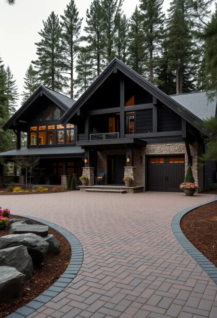 Modern Black Mountain Home with Stone Base and Large Windows