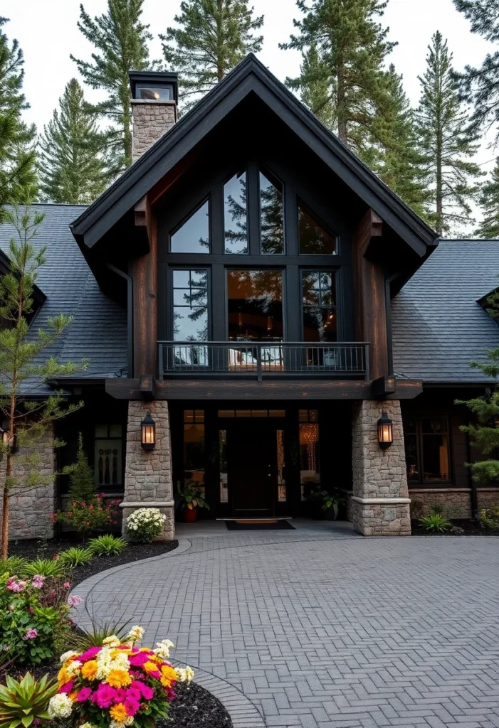 Black and Wood Modern Rustic Mountain House with Tall Windows