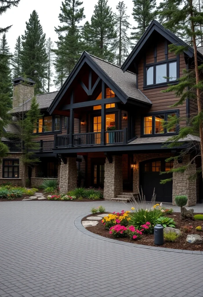 Luxury Mountain Home with Black Wood Siding and Covered Entry