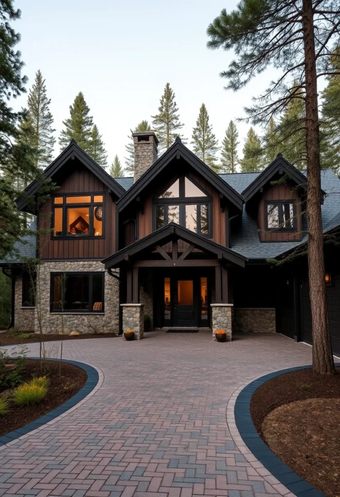 Symmetrical Black and Wood Mountain House Exterior with Stone Chimney