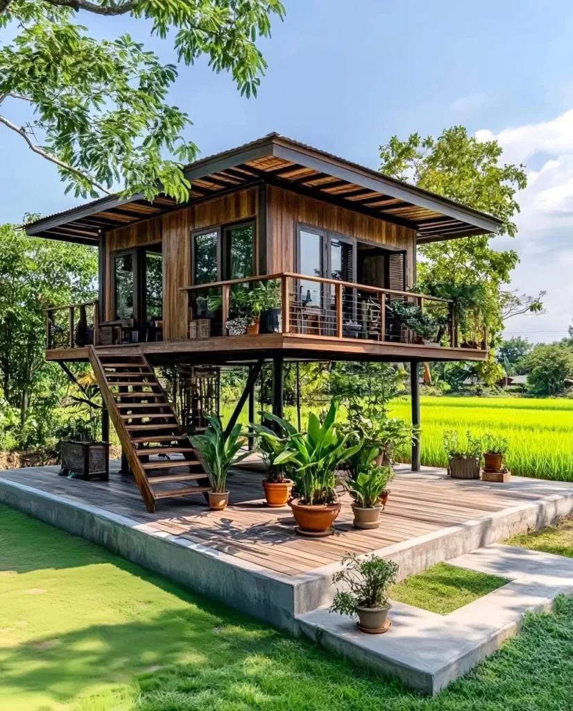 Elevated tropical wooden house with wraparound deck and open-air design.