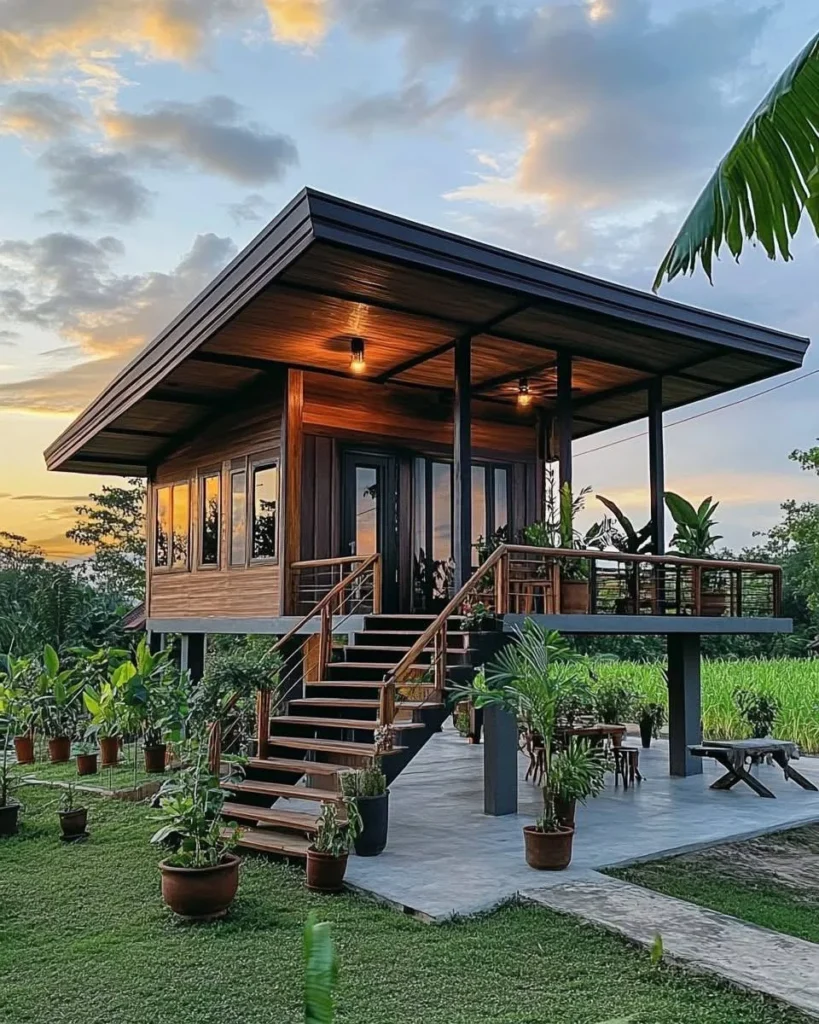 Elevated tropical wooden house with sunset lighting and open balcony.