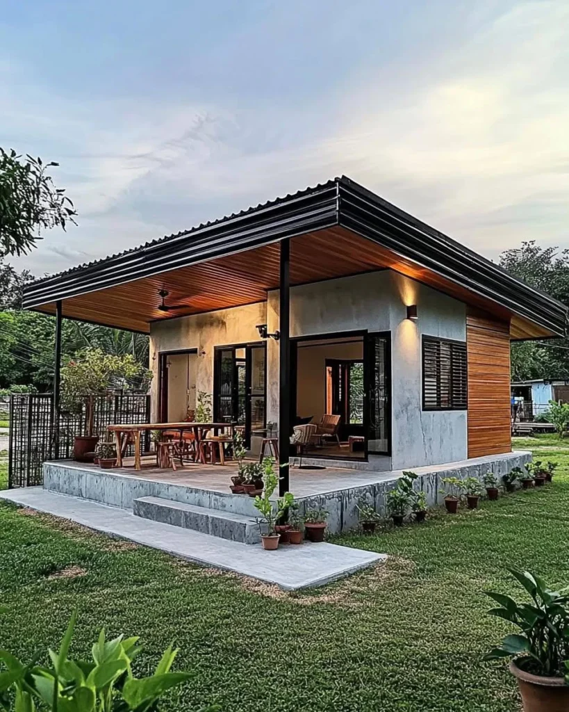 Modern tropical wooden house with concrete walls and open-air patio.