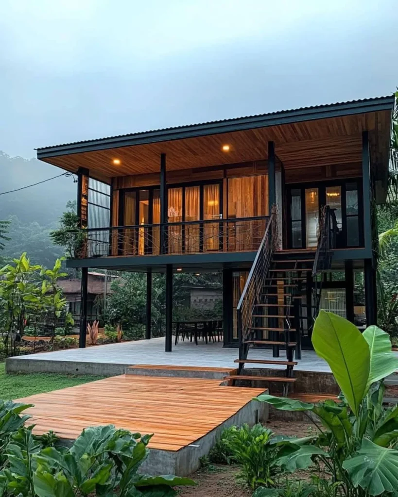 Contemporary tropical wooden house with an open balcony and floor-to-ceiling windows.