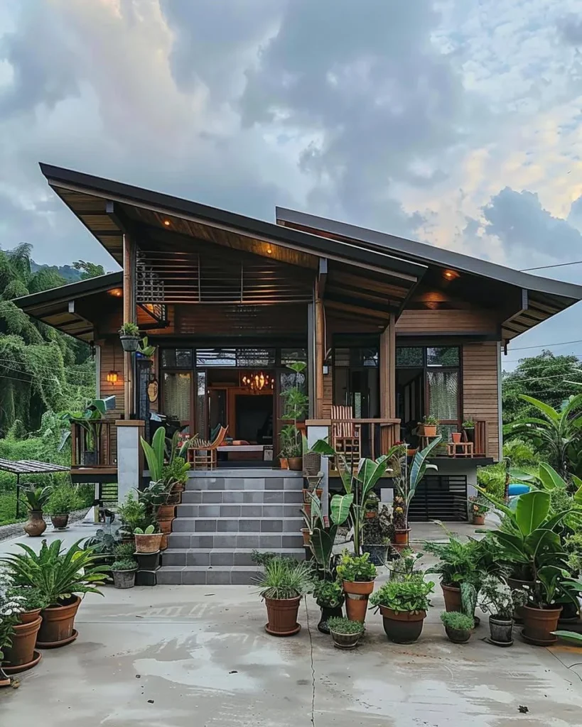 Tropical wooden villa with asymmetrical roof and lush greenery.