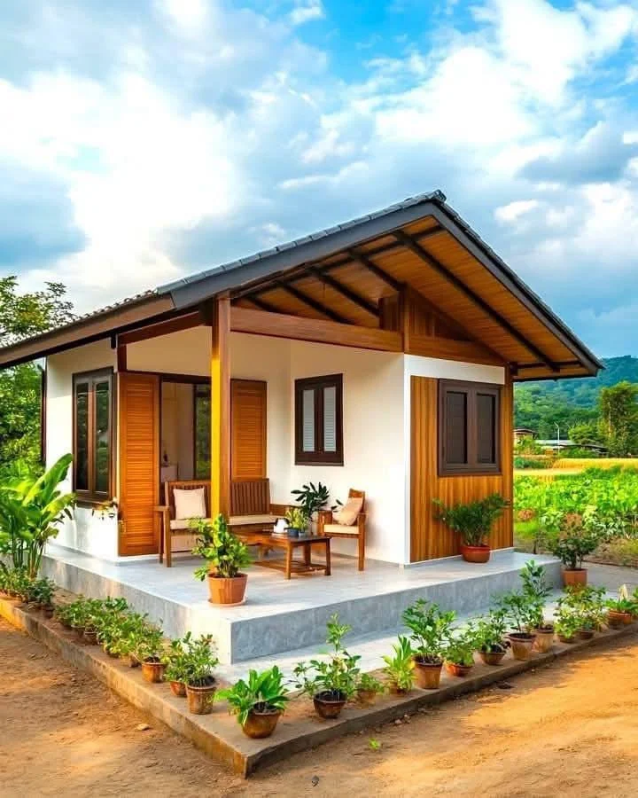 Cozy tropical wooden bungalow with a covered porch and wooden shutters.