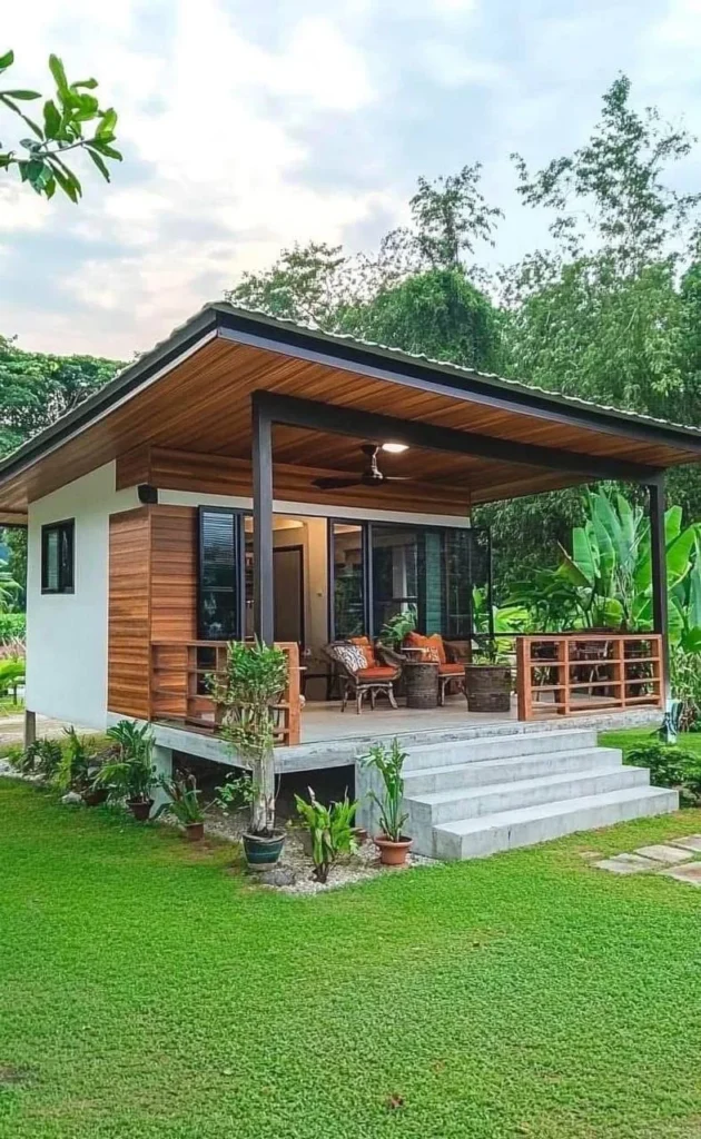 Modern tropical wooden bungalow with open porch and warm wood accents.