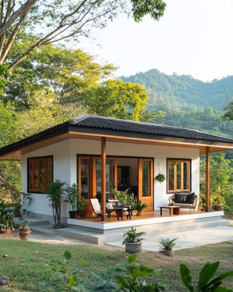 Serene tropical wooden bungalow with open porch and mountain views.