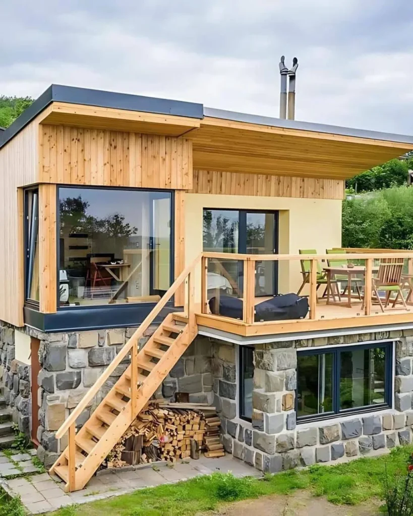 Modern tropical wooden house with stone foundation and large windows.