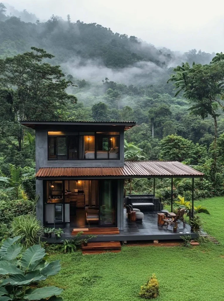 Secluded tropical wooden house with jungle views and rustic outdoor lounge.