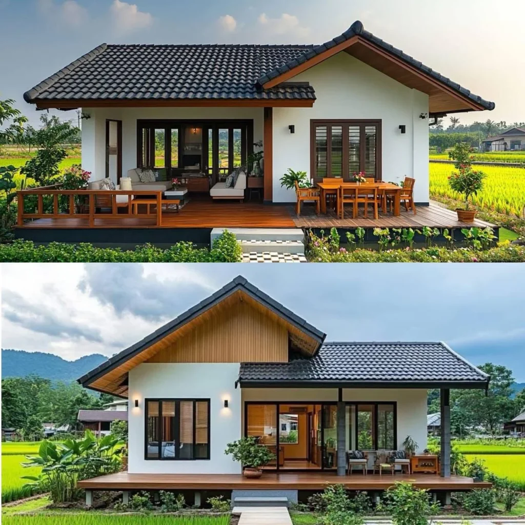 Elegant tropical wooden house with a cozy veranda and sloped roof.