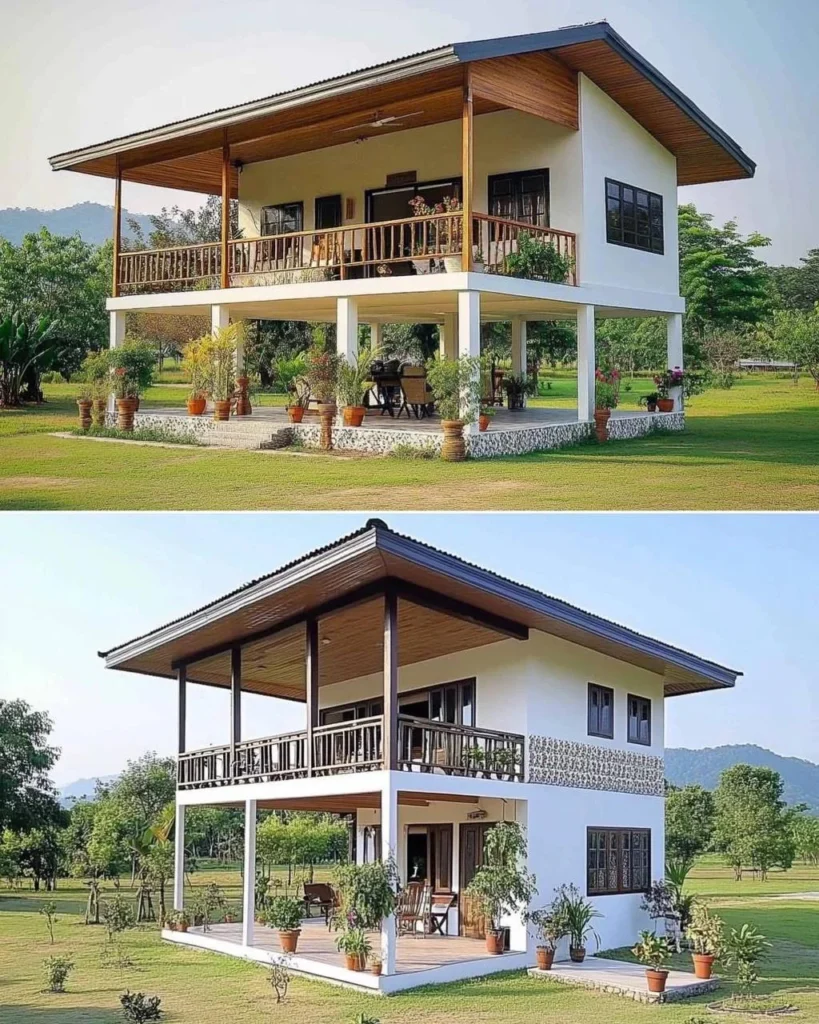 Two-story tropical wooden house with open balconies and extended roof.