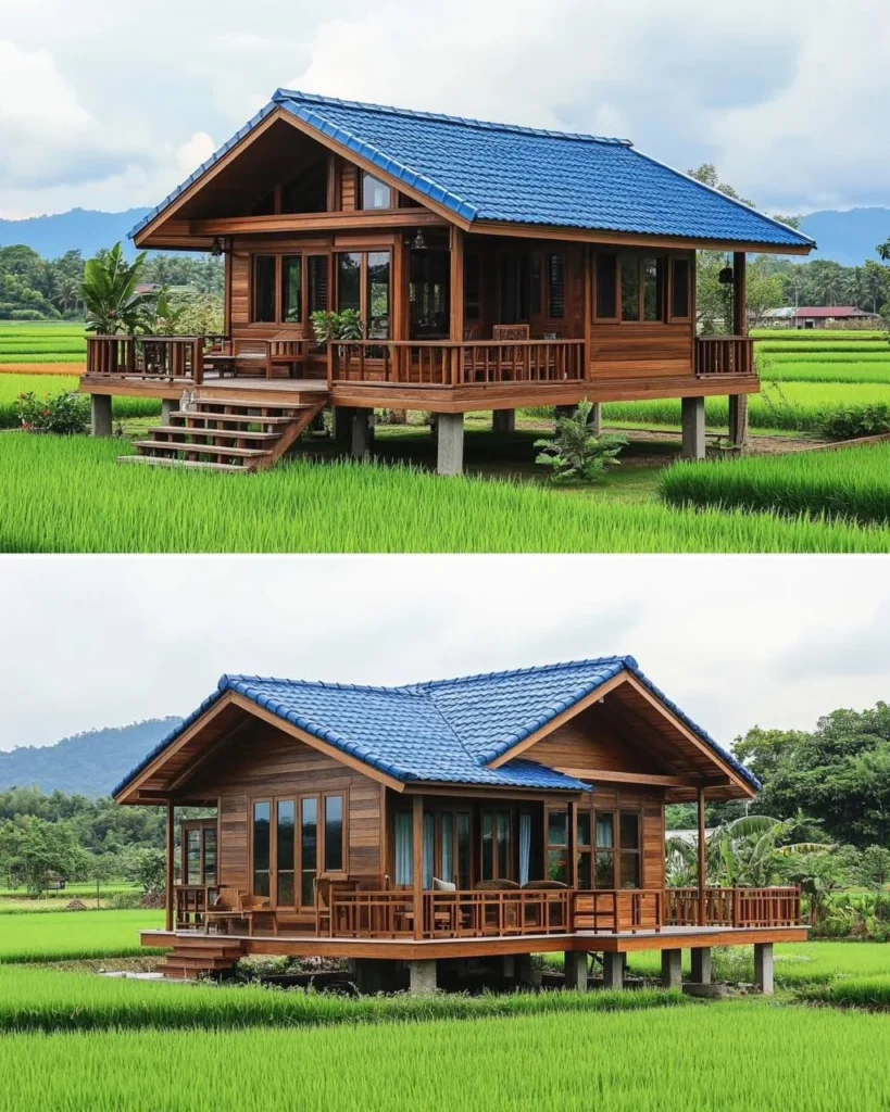 Elevated tropical wooden house with blue-tiled roof and wraparound porch.