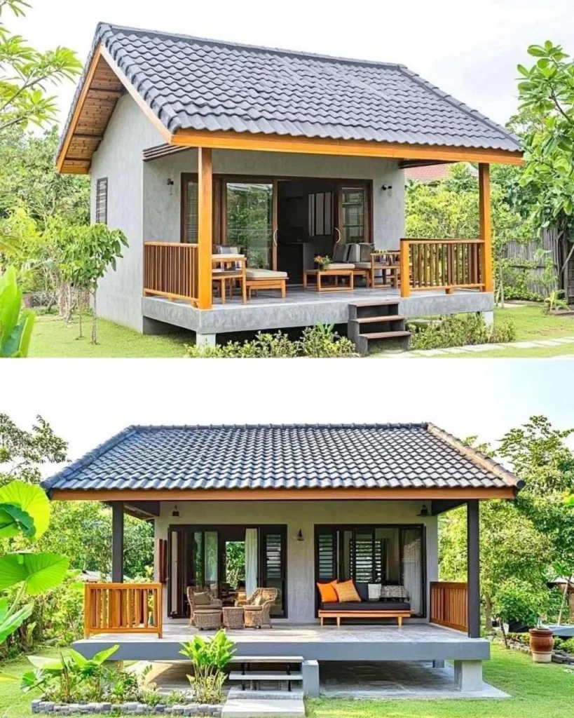 Cozy tropical wooden cottage with a shaded porch and black-tiled roof.